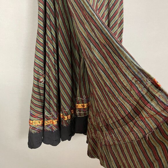 Striped Wrap Skirt Floral Embroidery Boho Flowers Ribbon Tie Waist Green Red - Picture 4 of 16